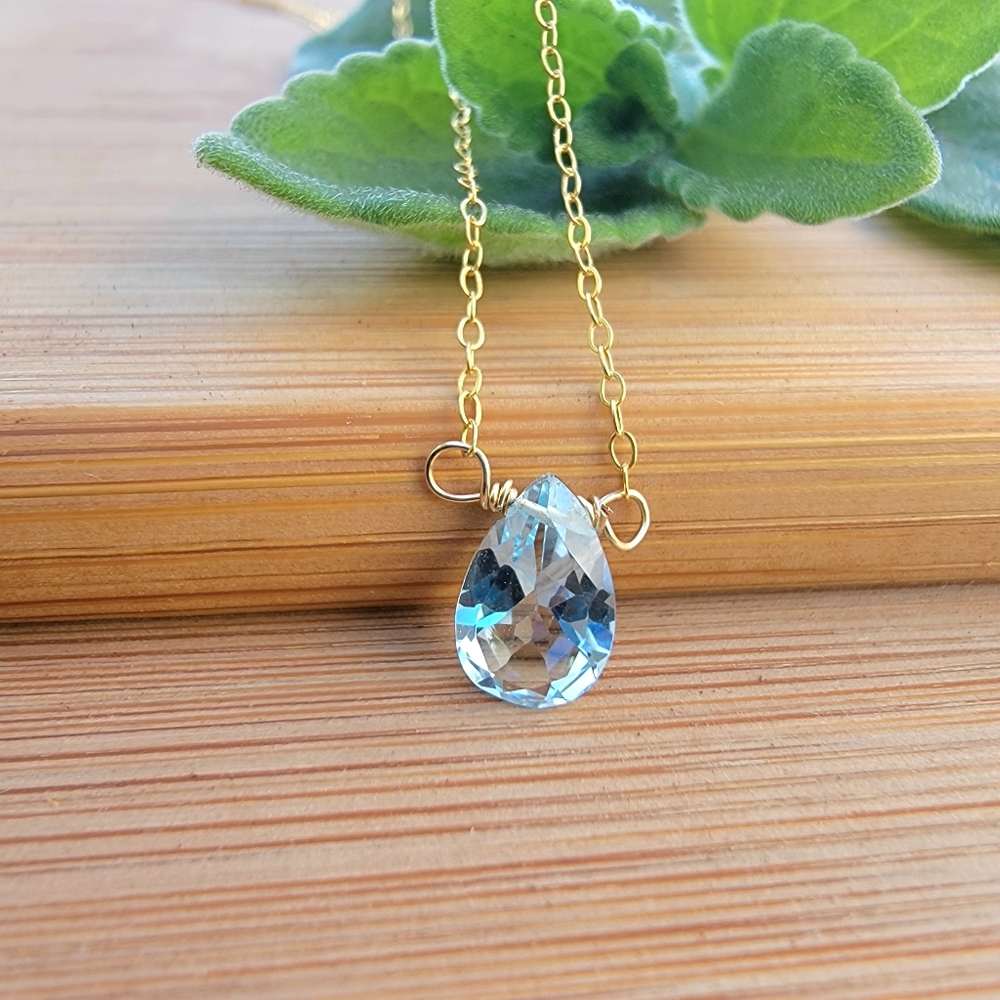 Swiss Blue Topaz Necklace Minimalist Crystal Gemstone December Birthstone